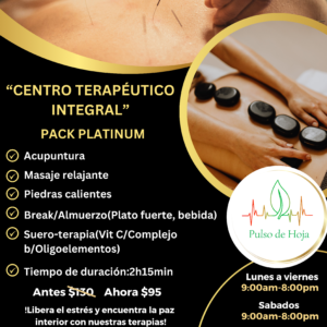 -Acupuntura -Masaje relajante -Piedras calientes -Break/Almuerzo(Plato fuerte, bebida) -Suero-terapia(Vit C/Complejo b/Oligoelementos) -Tiempo de duración:2h15min Antes $130 Ahora $95 !Libera el estrés y encuentra la paz interior con nuestras terapias! Contáctanos: 0968848197-072820280 Juan Montalvo 10-52 y Gran Colombia CUENCA-ECUADOR