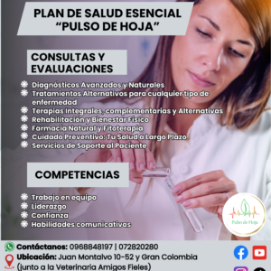 1. Plan "Esencial" (Acceso y Prevención) Este es el plan de entrada, diseñado para personas que quieren empezar a cuidarse y tener acceso a descuentos. Servicios Incluidos: 1 Consulta de Medicina Integral al año. 1 Chequeo preventivo básico anual. Acceso a la red: derecho a agendar citas en todas las especialidades. Descuento fijo (ej. 15%) en todas las demás consultas, terapias, exámenes y productos de la farmacia natural. Contáctanos: 0968848197 | 072820280 Ubicación: Juan Montalvo 10-52 y Gran Colombia (junto a la Veterinaria Amigos Fieles)